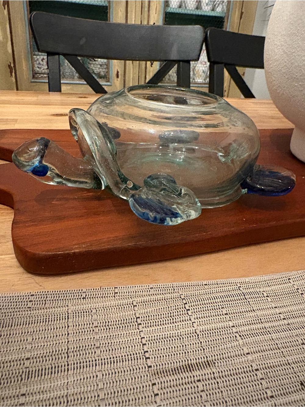 Handblown Glass Turtle Sculpture in Clear with Blue Accents
